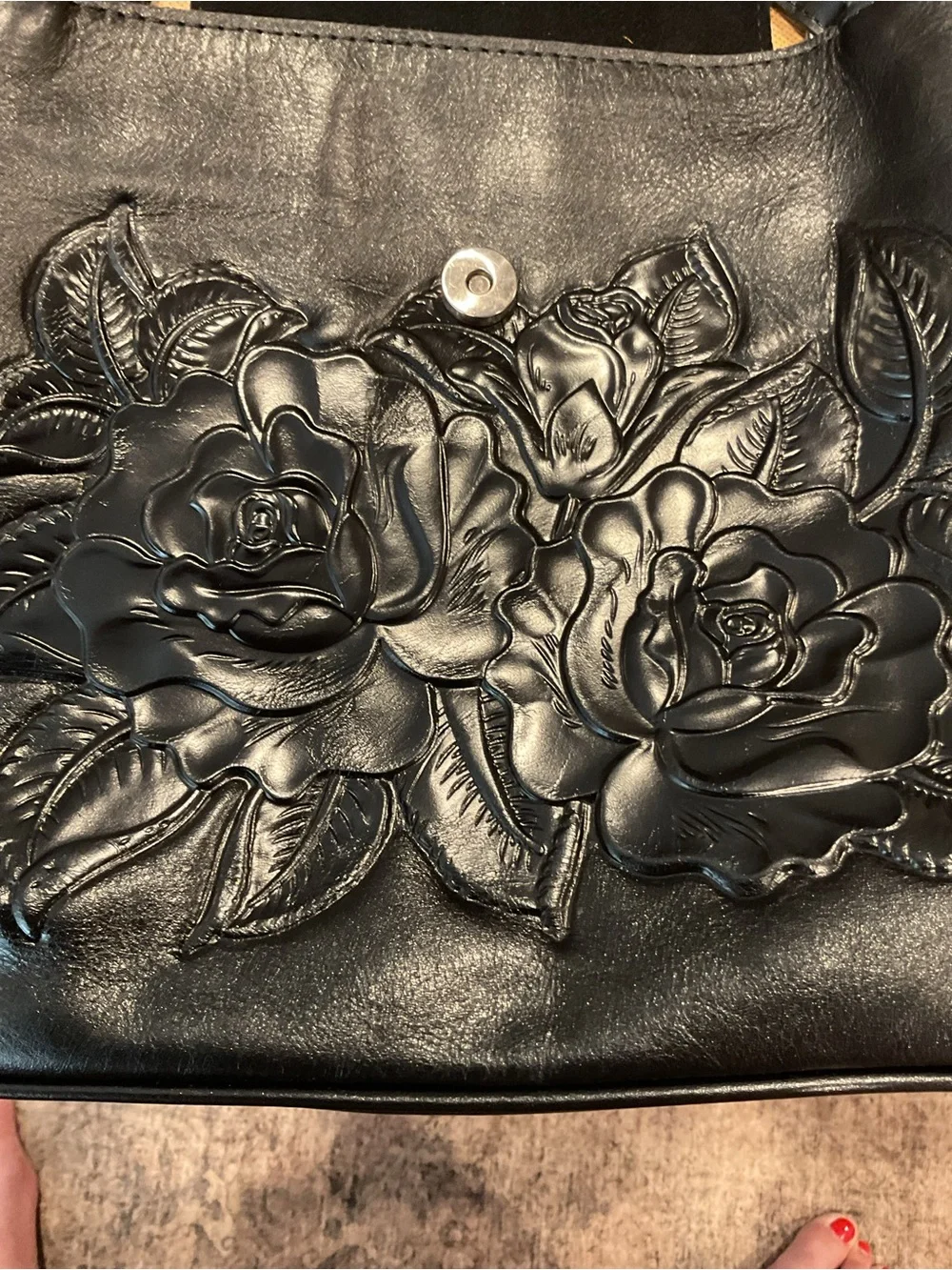 Patricia Nash Black Embossed Leather Backpack with Floral Detail
